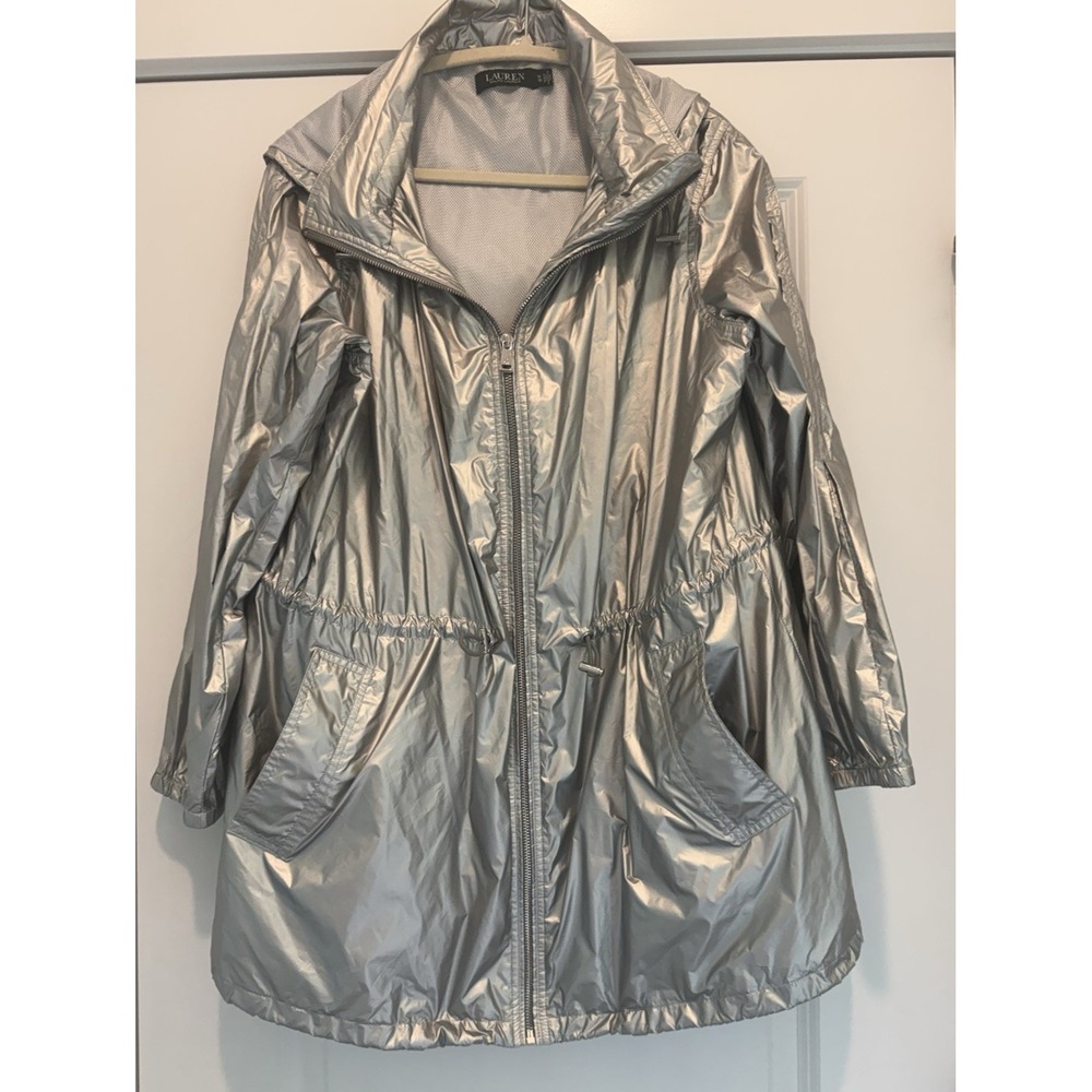 Lauren Ralph Lauren Metallic Silver Hooded Jacket Full Zip Windbreaker Sz 1X - Picture 2 of 12
